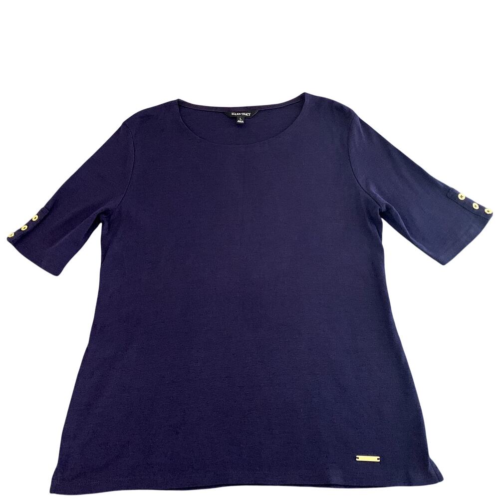 Ellen Tracy 100% Cotton Navy Short Sleeve T Shirt Size L